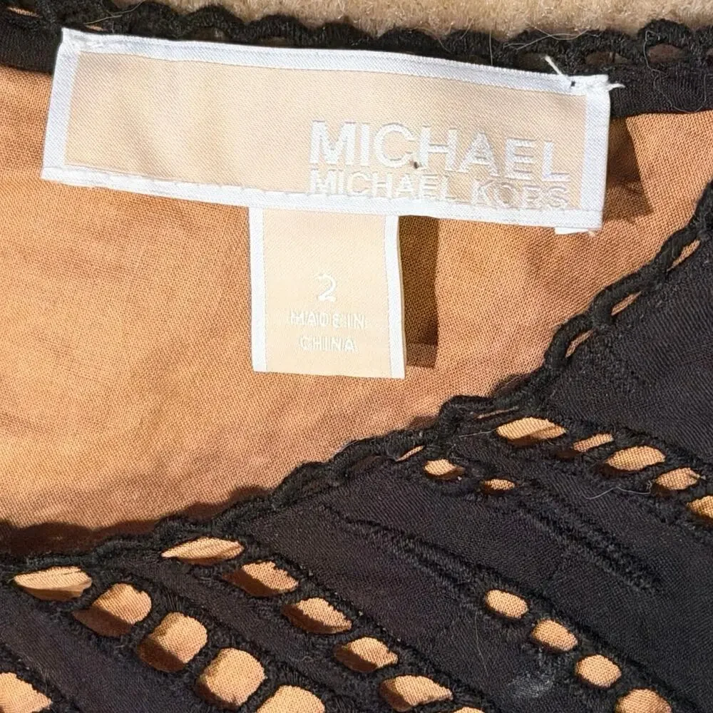 Michael Kors Dress Size 2 Black Zebra Eyelet Cotton Flounce Cutout Mini Nude